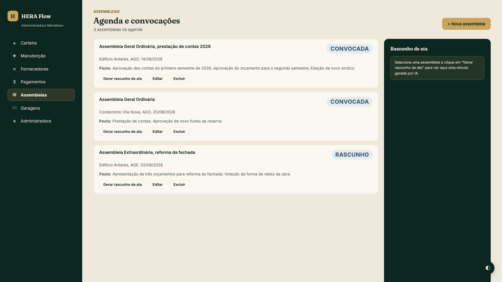 Tela de Assembleias do HERA Flow