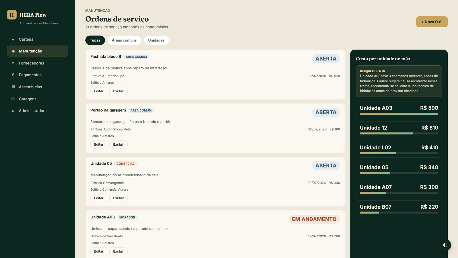 HERA Flow, tela de Manutenção